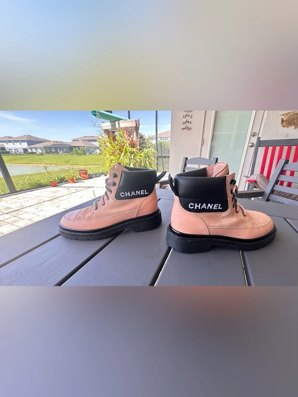 Chanel Pink suede and leather lace-up combat boots  Cc Logo. US Sz 8- 8.5 EU 39